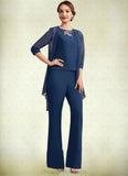 Teagan Jumpsuit/Pantsuit Scoop Neck Floor-Length Chiffon Mother of the Bride Dress With Lace STI126P0014687