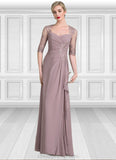 Lorelei A-Line Sweetheart Floor-Length Chiffon Lace Mother of the Bride Dress With Beading Sequins Cascading Ruffles STI126P0014692