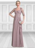 Lorelei A-Line Sweetheart Floor-Length Chiffon Lace Mother of the Bride Dress With Beading Sequins Cascading Ruffles STI126P0014692