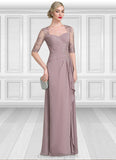 Lorelei A-Line Sweetheart Floor-Length Chiffon Lace Mother of the Bride Dress With Beading Sequins Cascading Ruffles STI126P0014692