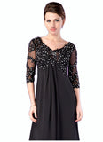 Londyn Empire V-neck Sweep Train Chiffon Mother of the Bride Dress With Lace Beading STI126P0014697