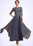 Aubrie A-Line Scoop Neck Ankle-Length Chiffon Lace Mother of the Bride Dress With Cascading Ruffles STI126P0014698