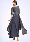 Aubrie A-Line Scoop Neck Ankle-Length Chiffon Lace Mother of the Bride Dress With Cascading Ruffles STI126P0014698