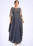 Aubrie A-Line Scoop Neck Ankle-Length Chiffon Lace Mother of the Bride Dress With Cascading Ruffles STI126P0014698