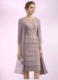 Jazlynn Sheath/Column Scoop Neck Knee-Length Chiffon Lace Mother of the Bride Dress With Beading Sequins STI126P0014699