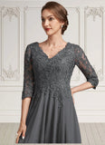 Madalynn A-line V-Neck Tea-Length Chiffon Lace Mother of the Bride Dress With Beading Sequins STI126P0014702