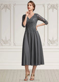 Madalynn A-line V-Neck Tea-Length Chiffon Lace Mother of the Bride Dress With Beading Sequins STI126P0014702