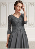 Madalynn A-line V-Neck Tea-Length Chiffon Lace Mother of the Bride Dress With Beading Sequins STI126P0014702