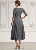 Madalynn A-line V-Neck Tea-Length Chiffon Lace Mother of the Bride Dress With Beading Sequins STI126P0014702