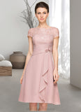 Rosemary A-Line Scoop Neck Knee-Length Chiffon Lace Mother of the Bride Dress With Beading Flower(s) Sequins Cascading Ruffles STI126P0014704