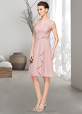 Rosemary A-Line Scoop Neck Knee-Length Chiffon Lace Mother of the Bride Dress With Beading Flower(s) Sequins Cascading Ruffles STI126P0014704