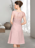 Rosemary A-Line Scoop Neck Knee-Length Chiffon Lace Mother of the Bride Dress With Beading Flower(s) Sequins Cascading Ruffles STI126P0014704