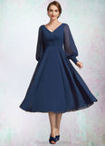 Maryjane A-Line V-neck Tea-Length Chiffon Mother of the Bride Dress With Ruffle STI126P0014707