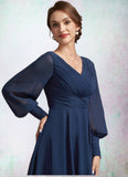 Maryjane A-Line V-neck Tea-Length Chiffon Mother of the Bride Dress With Ruffle STI126P0014707