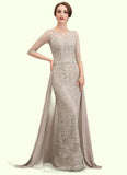 Britney Sheath/Column Scoop Neck Sweep Train Chiffon Lace Mother of the Bride Dress STI126P0014716