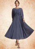 Scarlett A-Line Scoop Neck Tea-Length Chiffon Mother of the Bride Dress With Ruffle Beading STI126P0014718