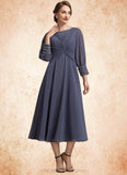 Scarlett A-Line Scoop Neck Tea-Length Chiffon Mother of the Bride Dress With Ruffle Beading STI126P0014718