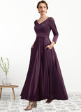 Genesis A-Line V-neck Ankle-Length Satin Mother of the Bride Dress With Pockets STI126P0014720