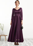 Genesis A-Line V-neck Ankle-Length Satin Mother of the Bride Dress With Pockets STI126P0014720