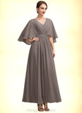 Hazel A-Line V-neck Ankle-Length Chiffon Mother of the Bride Dress With Ruffle Beading STI126P0014723