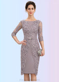 Aurora Sheath/Column Scoop Neck Knee-Length Satin Lace Mother of the Bride Dress With Beading Bow(s) STI126P0014727