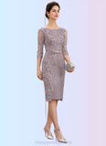 Aurora Sheath/Column Scoop Neck Knee-Length Satin Lace Mother of the Bride Dress With Beading Bow(s) STI126P0014727