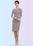 Aurora Sheath/Column Scoop Neck Knee-Length Satin Lace Mother of the Bride Dress With Beading Bow(s) STI126P0014727