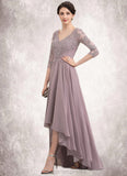 Adrianna A-Line V-neck Asymmetrical Chiffon Lace Mother of the Bride Dress With Sequins STI126P0014728