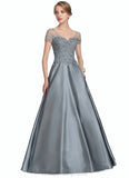 Jess A-Line V-neck Floor-Length Satin Lace Mother of the Bride Dress With Beading Sequins STI126P0014730