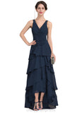 Jaslene A-Line V-neck Asymmetrical Chiffon Mother of the Bride Dress With Beading Sequins Cascading Ruffles STI126P0014733