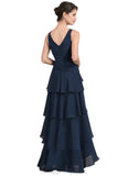 Jaslene A-Line V-neck Asymmetrical Chiffon Mother of the Bride Dress With Beading Sequins Cascading Ruffles STI126P0014733