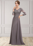 Eden A-Line V-neck Floor-Length Chiffon Lace Mother of the Bride Dress With Ruffle STI126P0014735