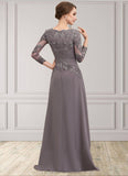 Eden A-Line V-neck Floor-Length Chiffon Lace Mother of the Bride Dress With Ruffle STI126P0014735