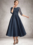 Katrina A-Line Scoop Neck Tea-Length Satin Lace Mother of the Bride Dress With Sequins STI126P0014736