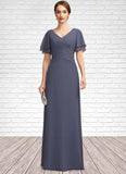 Abbey A-Line V-neck Floor-Length Chiffon Mother of the Bride Dress With Ruffle Beading STI126P0014737