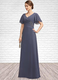 Abbey A-Line V-neck Floor-Length Chiffon Mother of the Bride Dress With Ruffle Beading STI126P0014737