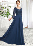 Luna A-Line V-neck Floor-Length Chiffon Lace Mother of the Bride Dress With Beading Sequins STI126P0014739