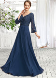 Luna A-Line V-neck Floor-Length Chiffon Lace Mother of the Bride Dress With Beading Sequins STI126P0014739