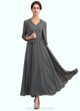 Hortensia A-Line V-neck Ankle-Length Chiffon Mother of the Bride Dress With Beading Sequins STI126P0014740