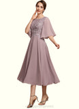 Stephanie A-Line Scoop Neck Tea-Length Chiffon Lace Mother of the Bride Dress STI126P0014743