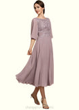 Stephanie A-Line Scoop Neck Tea-Length Chiffon Lace Mother of the Bride Dress STI126P0014743