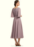 Stephanie A-Line Scoop Neck Tea-Length Chiffon Lace Mother of the Bride Dress STI126P0014743