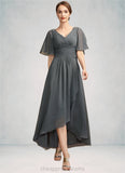 Genesis A-Line V-neck Asymmetrical Chiffon Mother of the Bride Dress With Ruffle Beading STI126P0014744