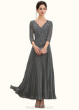 Rebekah A-Line V-neck Ankle-Length Chiffon Lace Mother of the Bride Dress With Sequins Pleated STI126P0014745