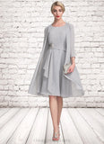 Charlize A-Line Scoop Neck Knee-Length Chiffon Mother of the Bride Dress With Beading Cascading Ruffles STI126P0014751