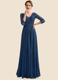 Valentina A-Line V-neck Floor-Length Chiffon Lace Mother of the Bride Dress STI126P0014753