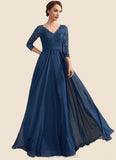 Valentina A-Line V-neck Floor-Length Chiffon Lace Mother of the Bride Dress STI126P0014753