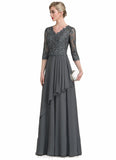 Rose A-Line V-neck Floor-Length Chiffon Lace Mother of the Bride Dress With Beading Sequins Cascading Ruffles STI126P0014756