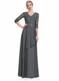 Rose A-Line V-neck Floor-Length Chiffon Lace Mother of the Bride Dress With Beading Sequins Cascading Ruffles STI126P0014756