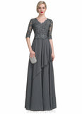 Rose A-Line V-neck Floor-Length Chiffon Lace Mother of the Bride Dress With Beading Sequins Cascading Ruffles STI126P0014756